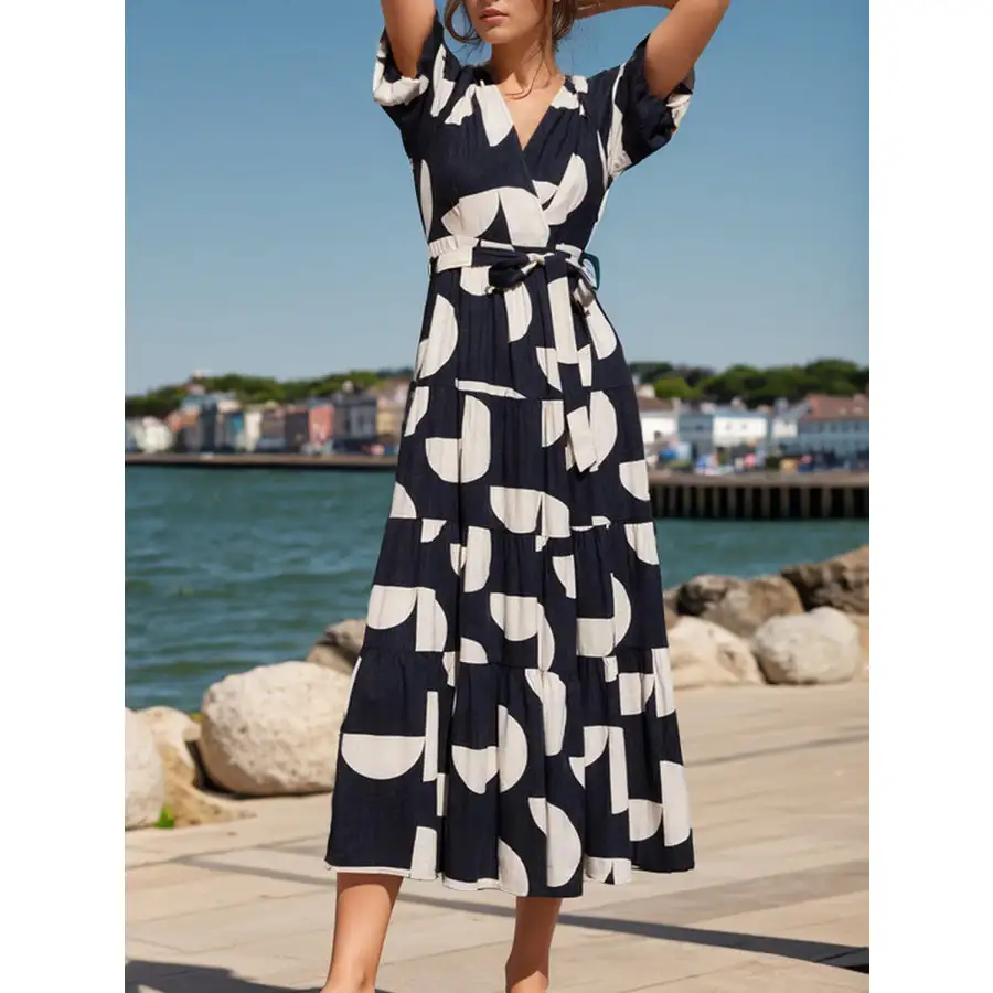 Tied Slit Printed Half Sleeve Midi Dress