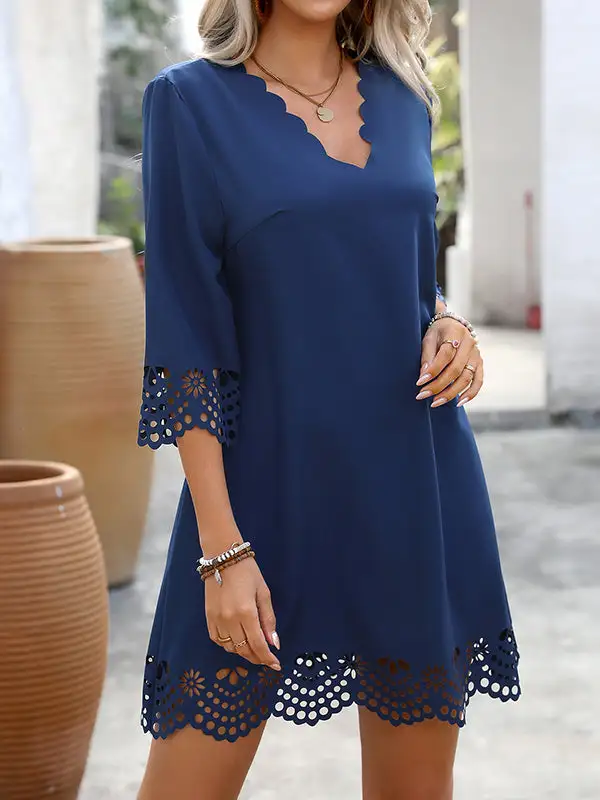 A Line Relaxed Hollow Solid Color V Neck Mini Dress