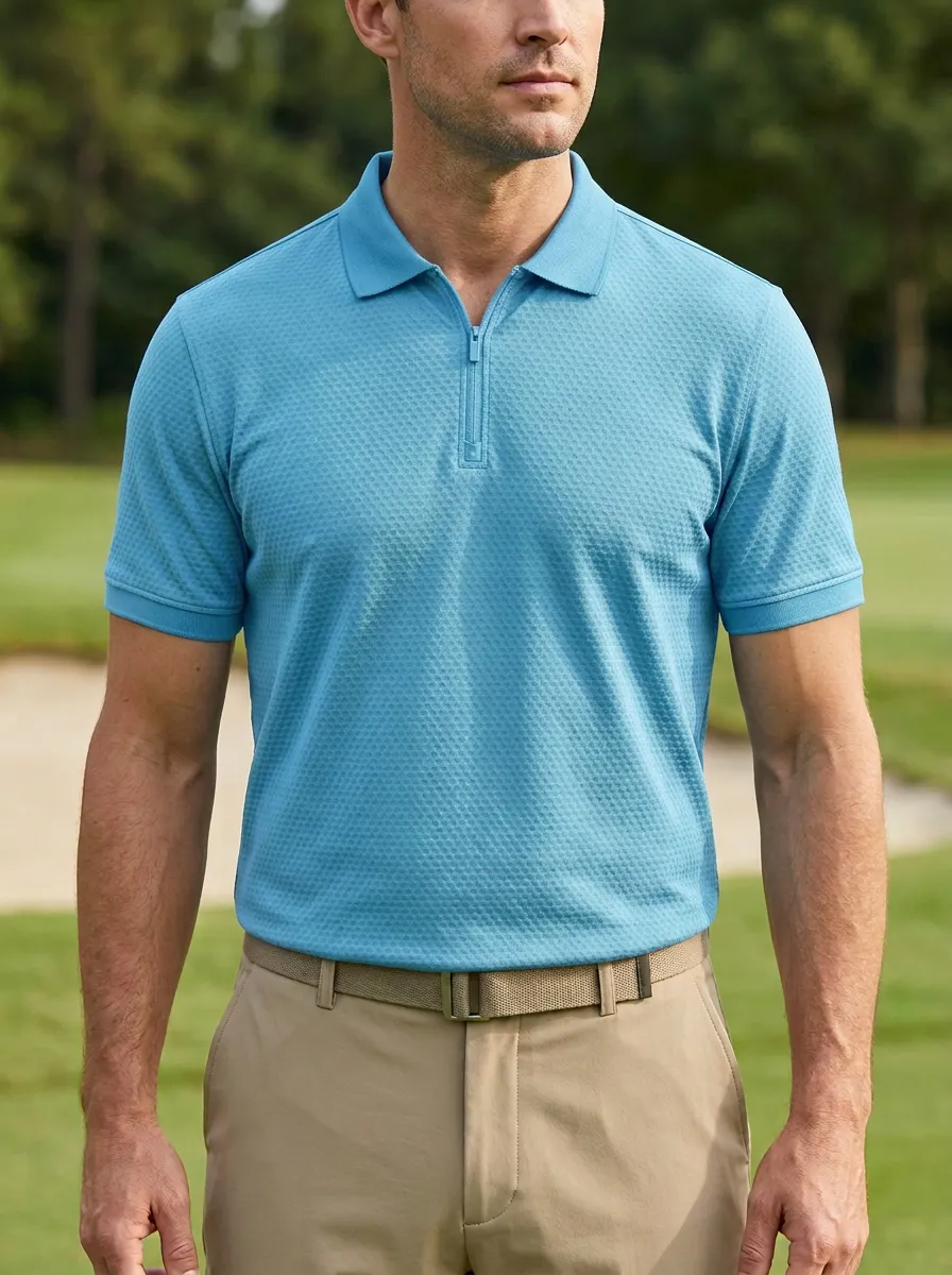 Textured Zip-Neck Golf Polo Shirt