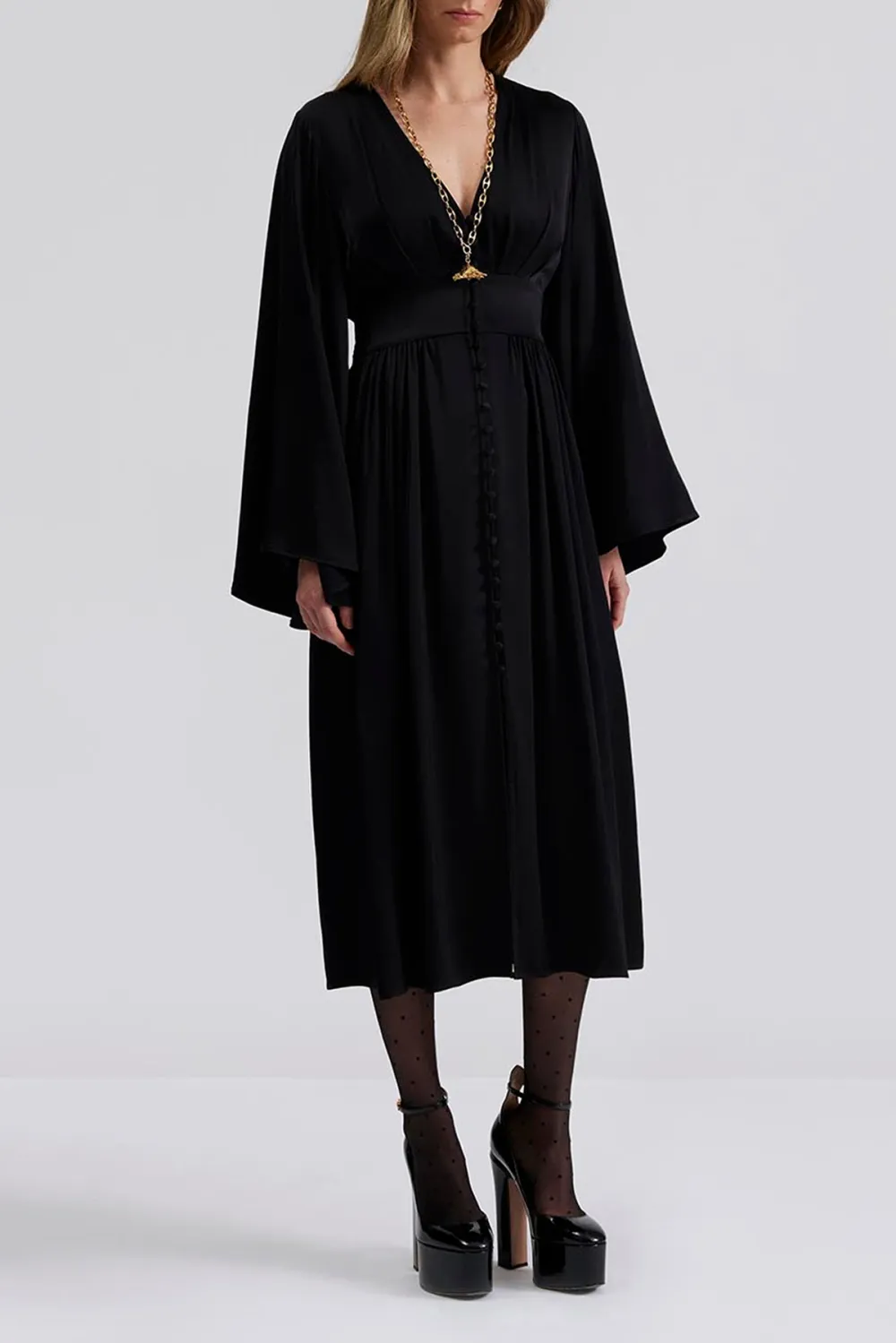 V Neck Button Front Midi Dress