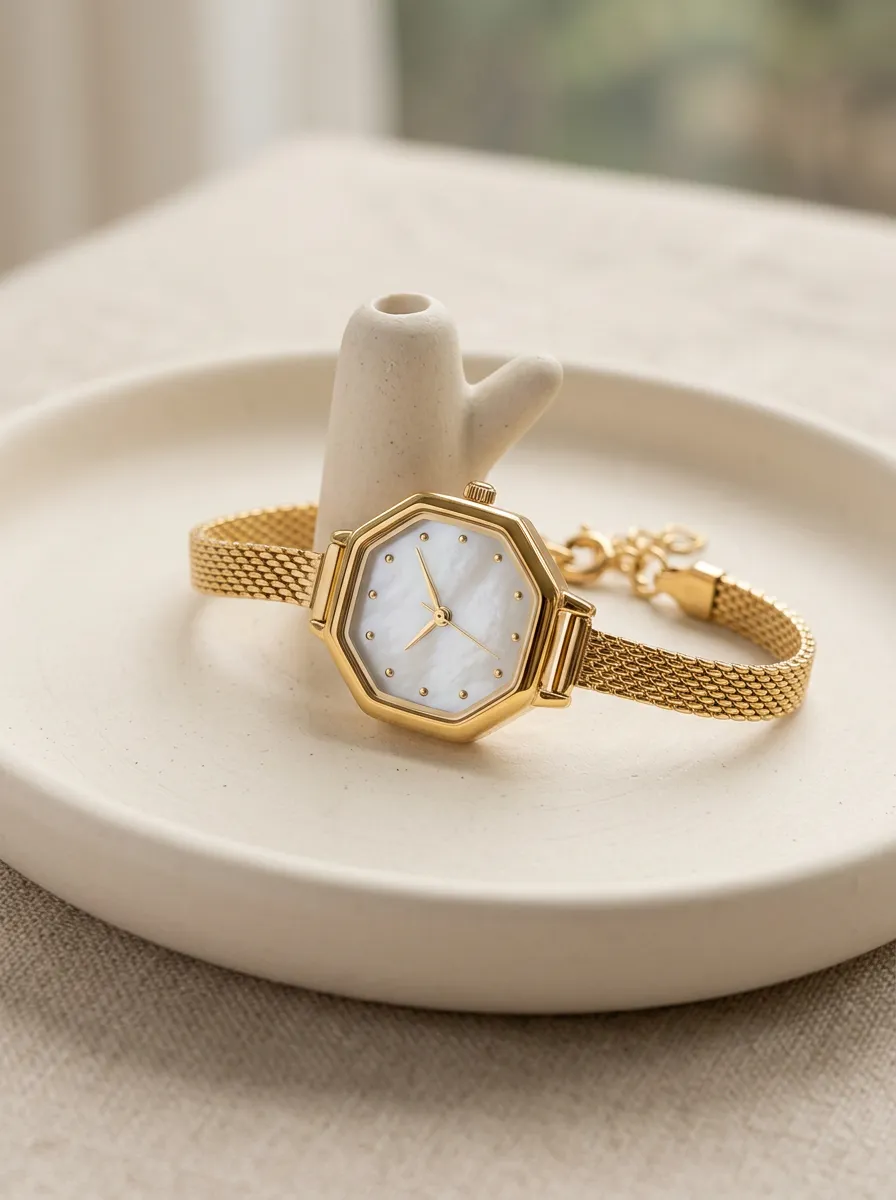 Gold Octagonal Mother-of-pearl Dial Watch