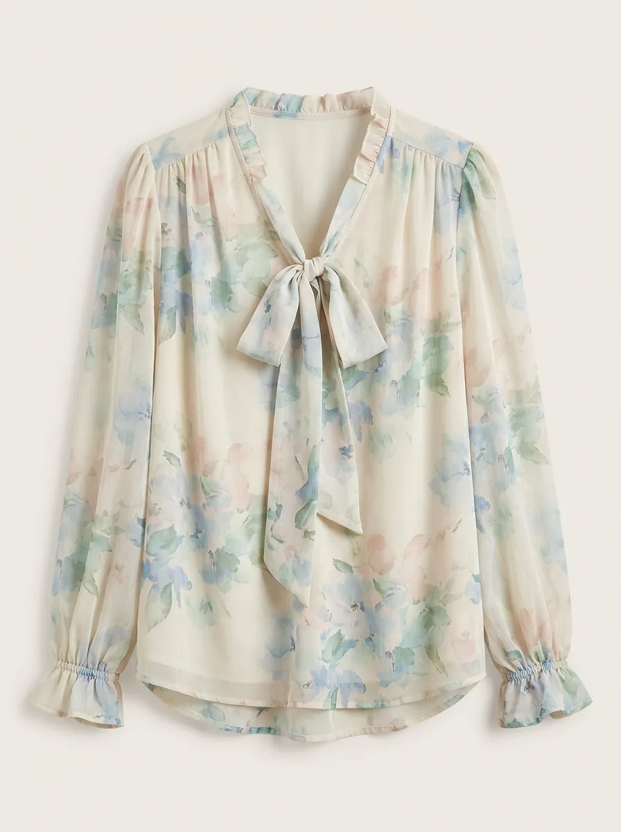Women's Floral Watercolor Print Bow Tie Ruffle Chiffon Blouse
