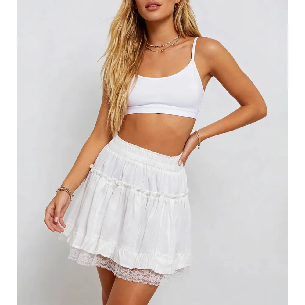 Lace Trim Tiered Ruffle Elastic Waist Mini Skirt