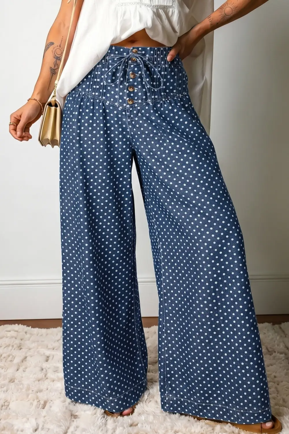 Wide Leg Button Pleated Denim Jeans