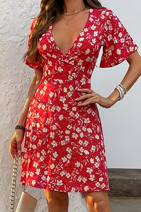 Floral Print V Neck Mini Dress