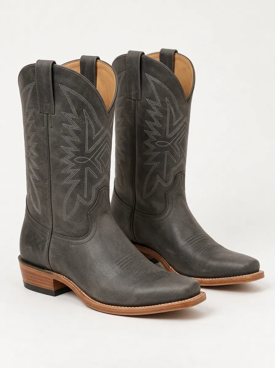 Unisex Grey Leather Western Boots with Embroidered Detail