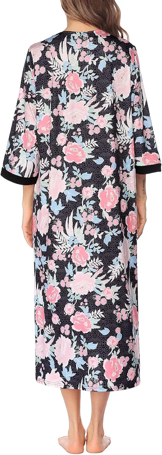 50% OFF Women Zipper Robe 3/4 Sleeves Loungewear Dress Full Length Sleepwear Pockets Housecoat Nightgown Long Bathrobe