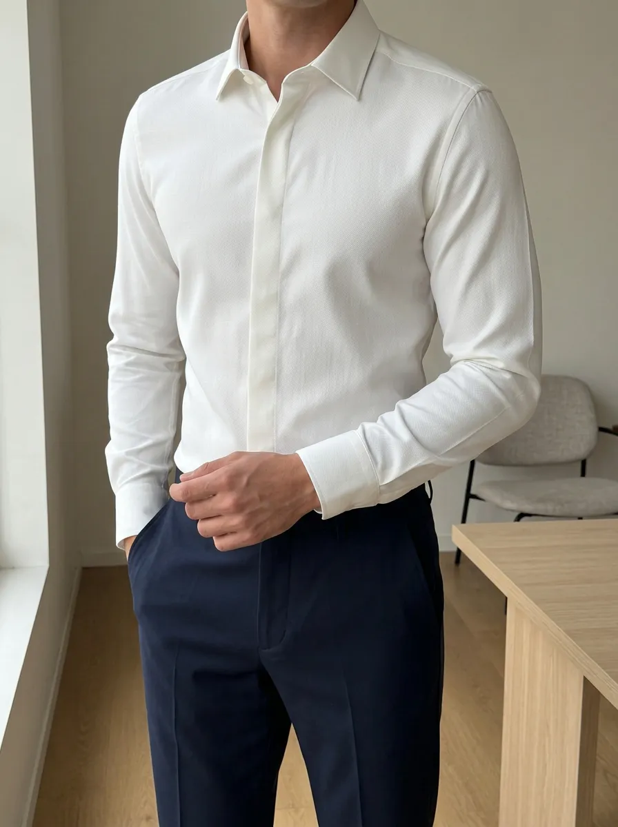 Men's Minimalist Solid White Slim Fit Button Down Shirt
