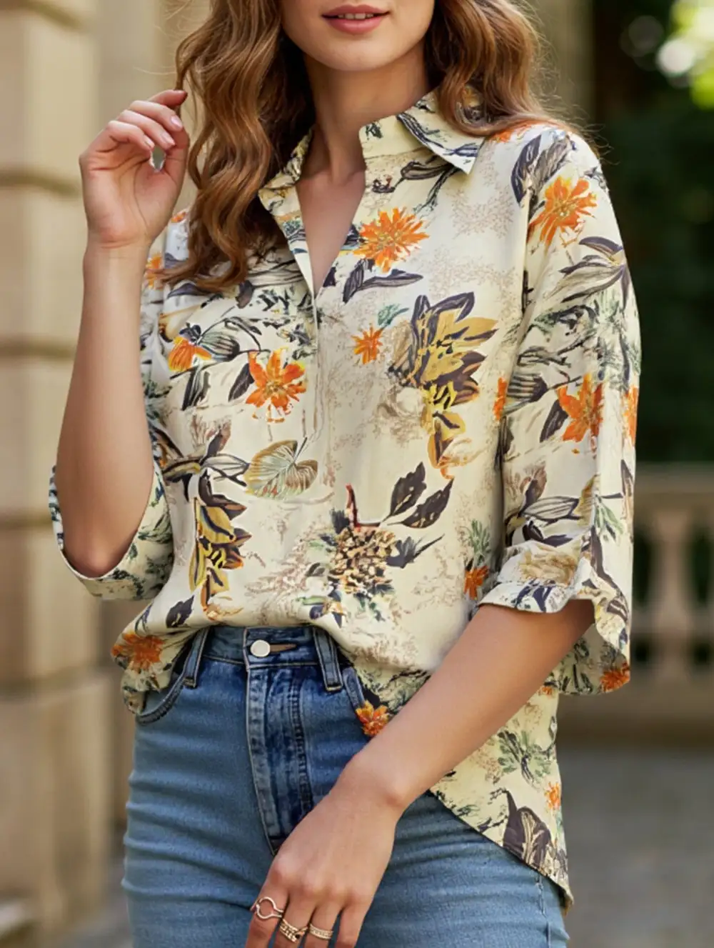Floral Print Button-Down Collar Shirt