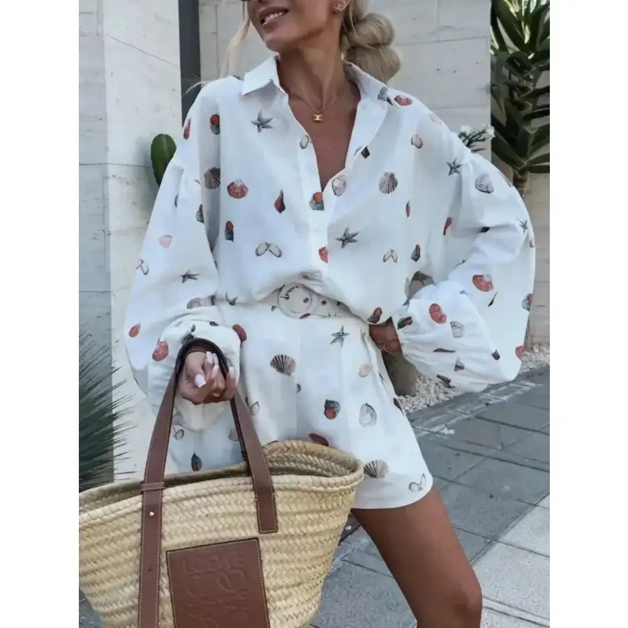 Simple Printed Button Up Shirt and Shorts Set