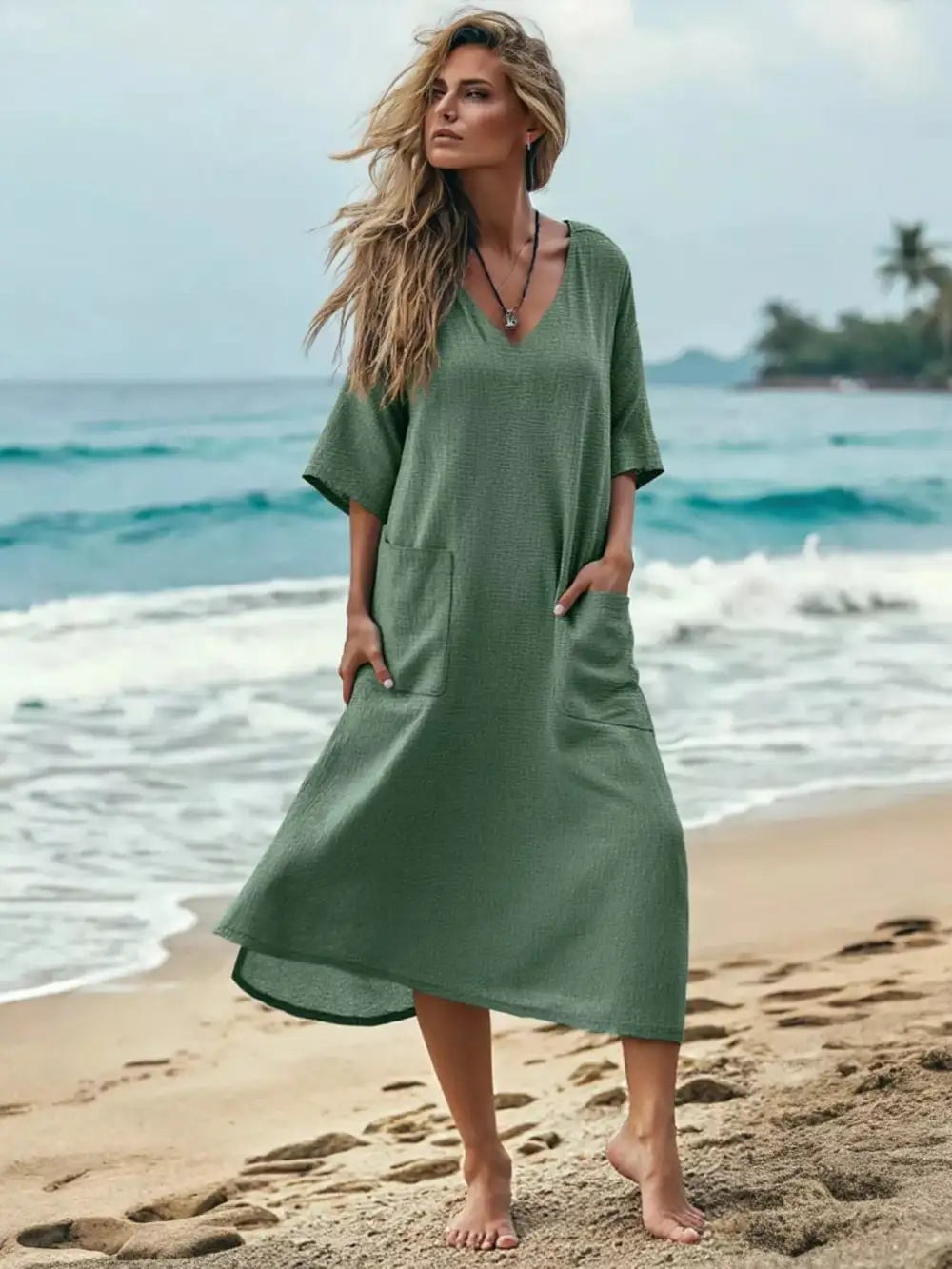 Clean Line V Neck Short Sleeve Dress