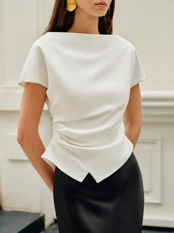 Relaxed Raglan Sleeve Asymmetric Pleat Detail Panel Detail Round Neck T-Shirt