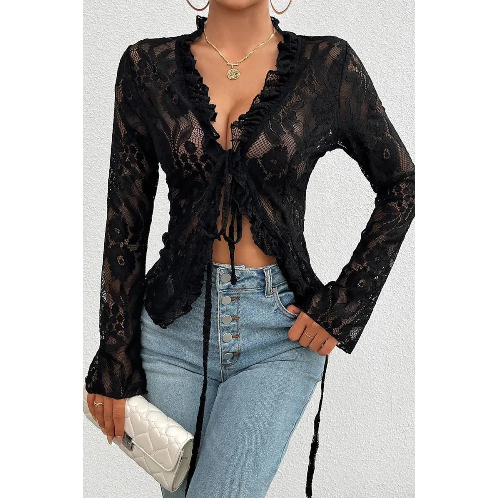 Lace Trim Ruffle Trim Knot Detail Top