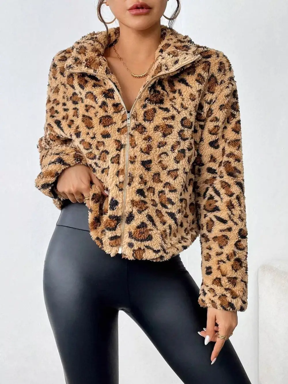 Leopard Fuzzy Zip-up Jacket