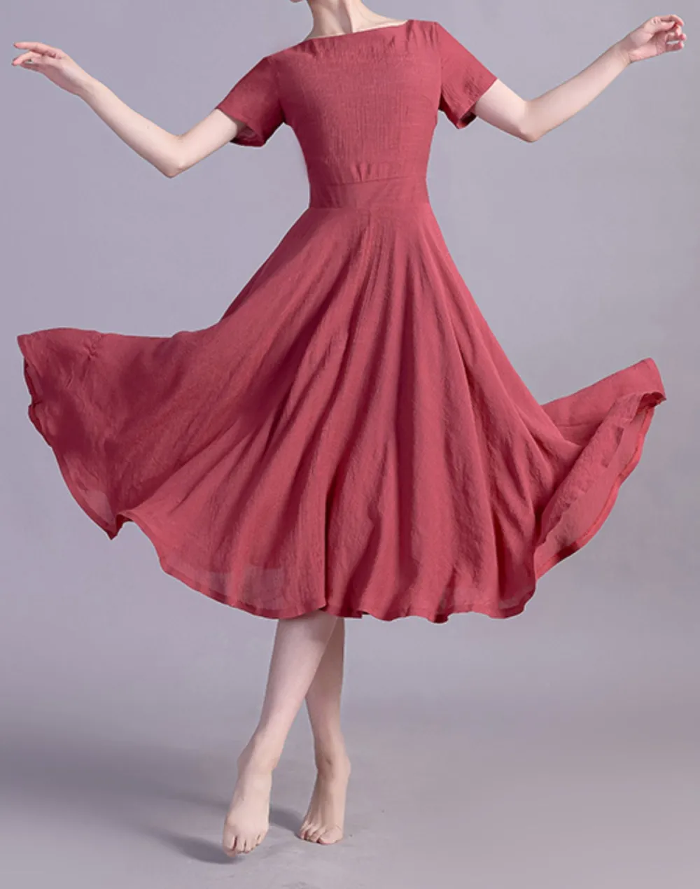 Polished Linen Cotton Fit And Flare Short Sleeve Midi Dress