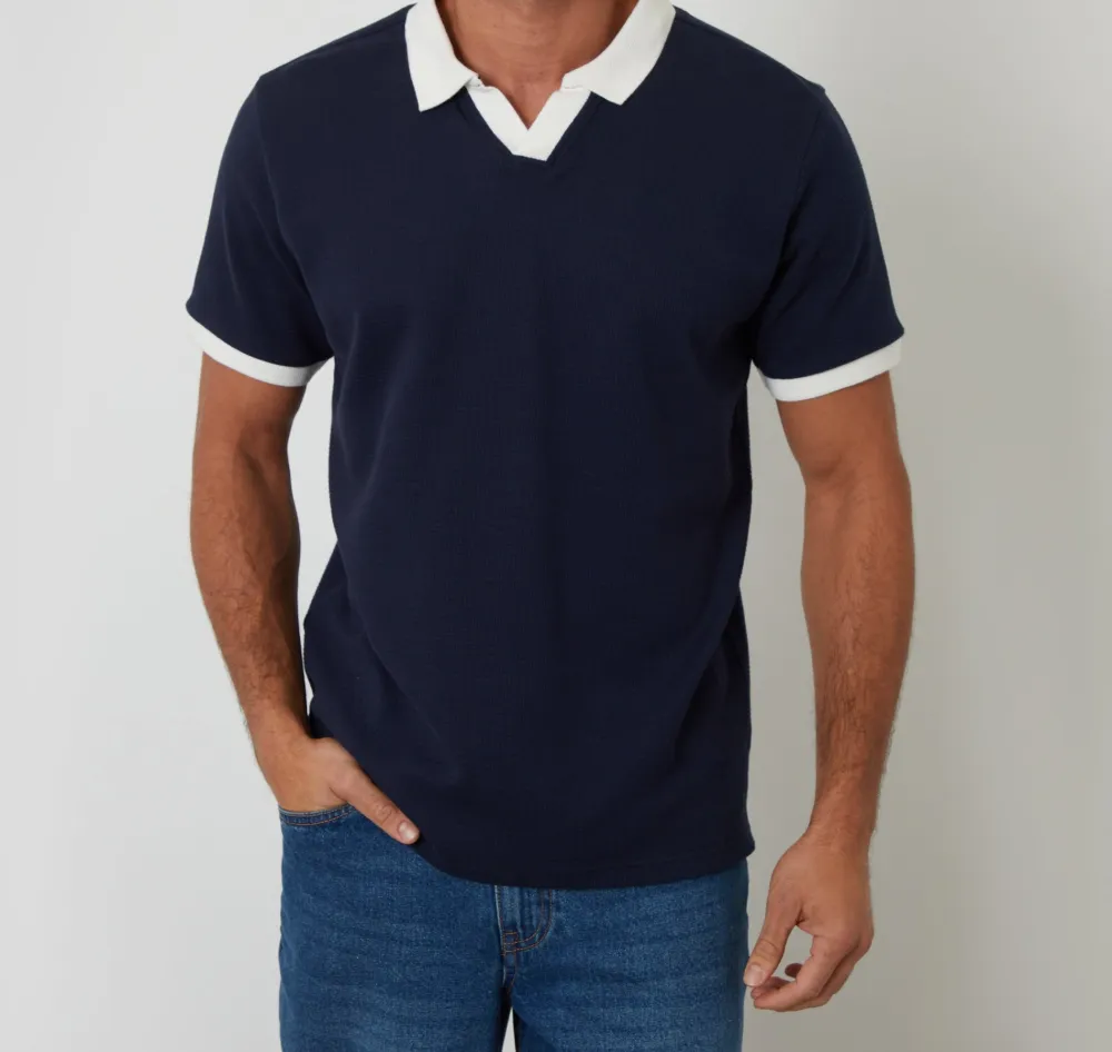 Men's Navy Open-Collar Waffle Polo Shirt