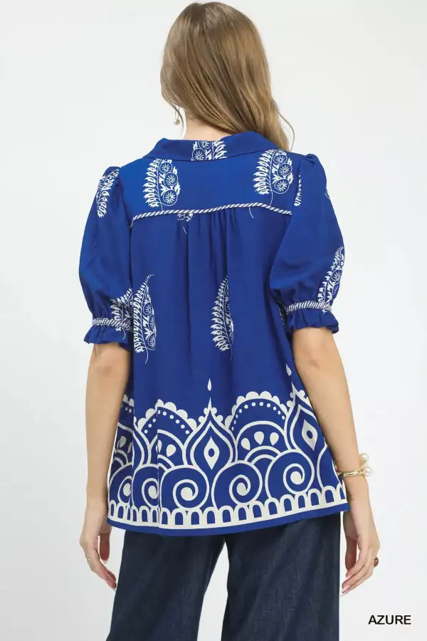 Printed Puff Sleeve Split Neck Top