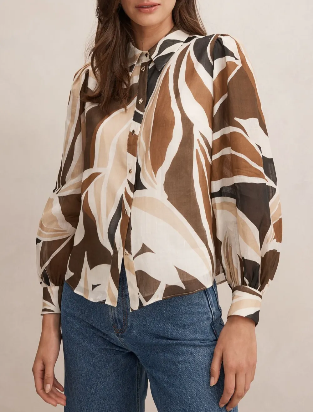 Brown White Abstract Print Long Sleeve Blouse