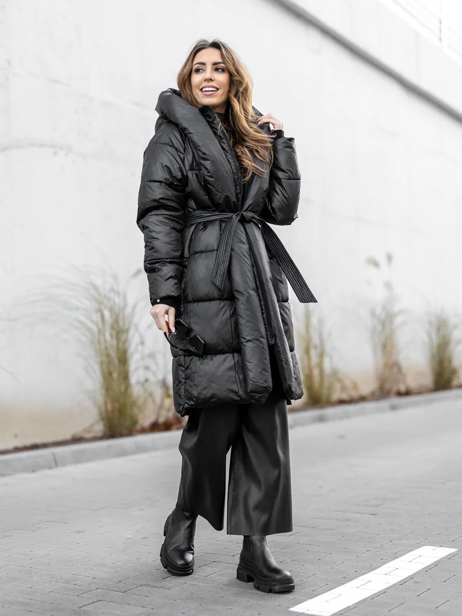 Black Women's Long Quilted Winter Jacket With Hood