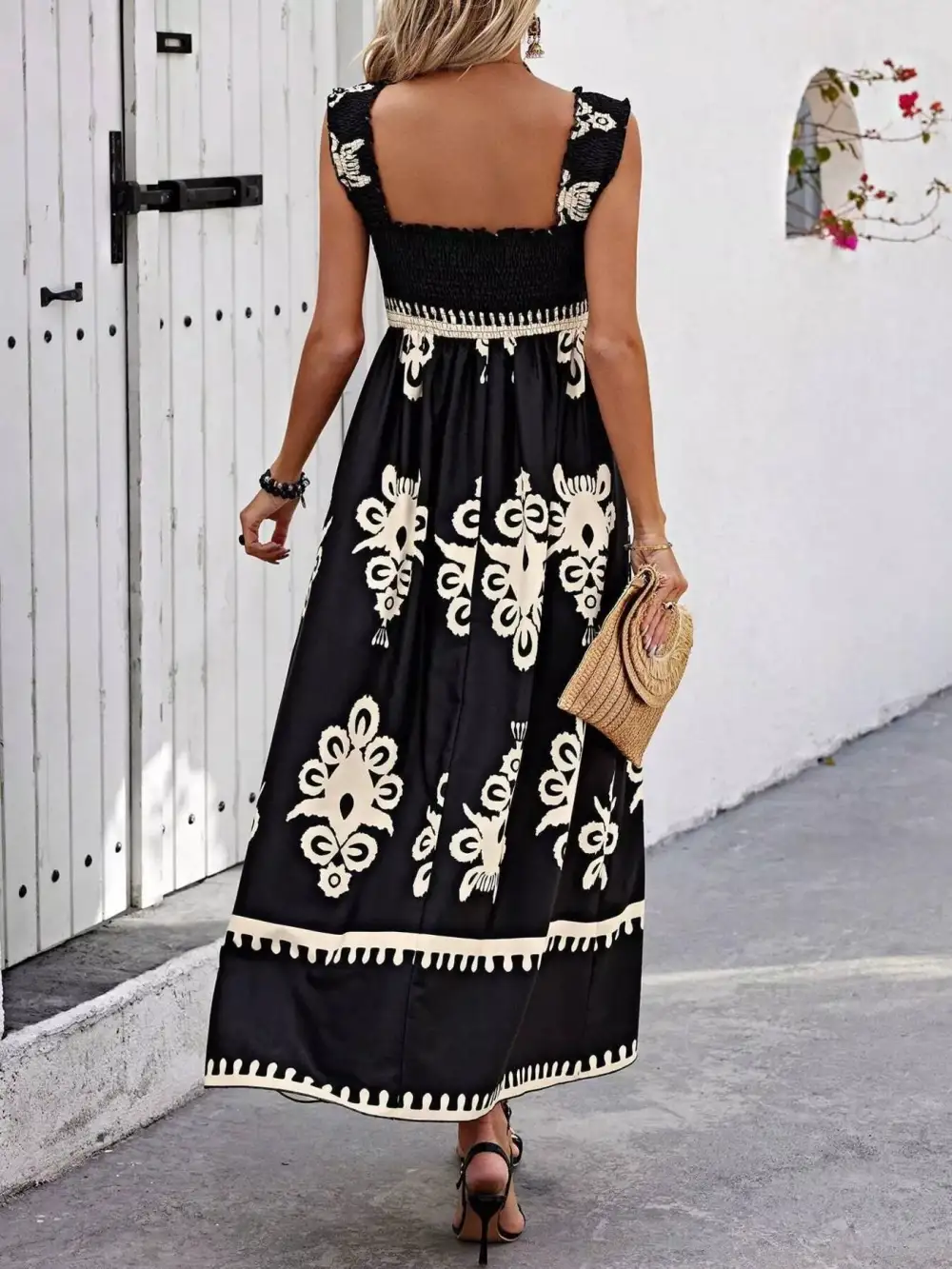 Printed Square Neck Smocked Maxi Dress