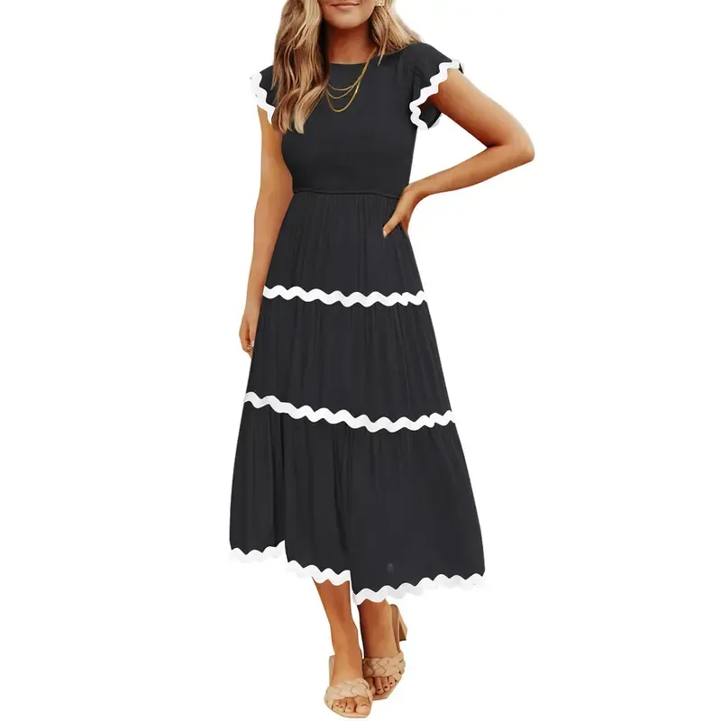 Women's Flowy Short-Sleeved Pleated Midi Dress