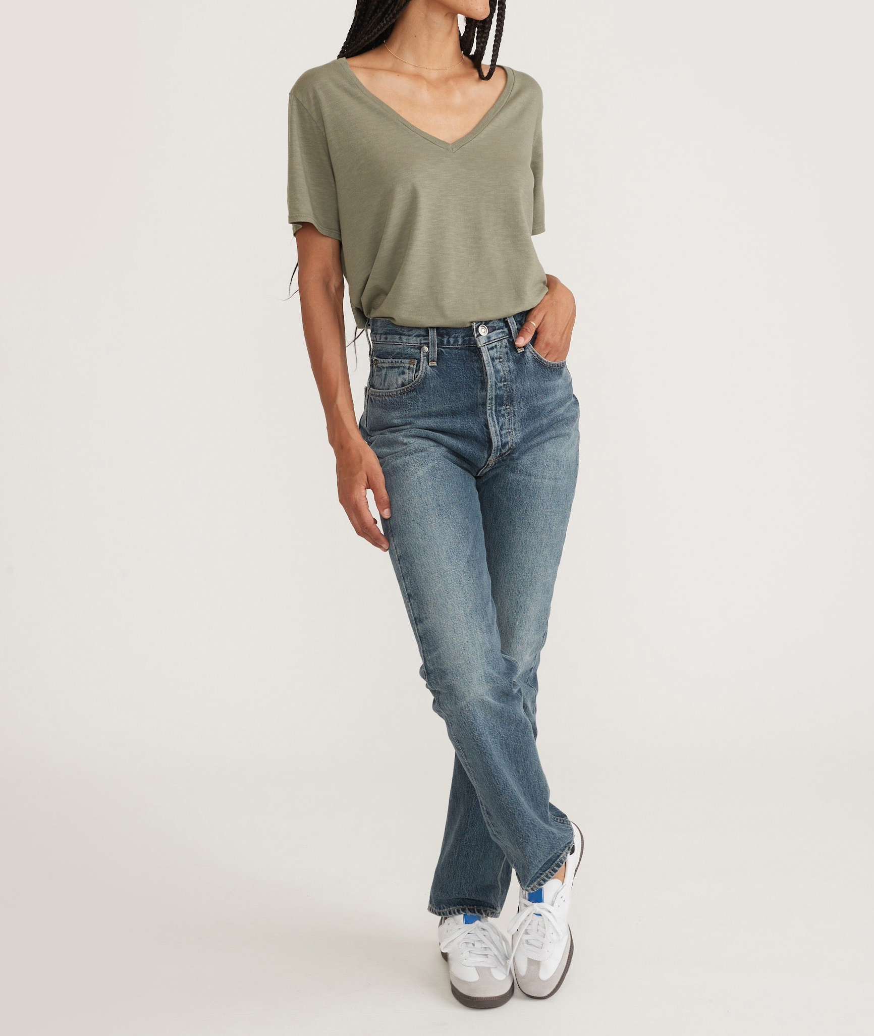 V - Neck Relaxed Fit Linen Blend Tee