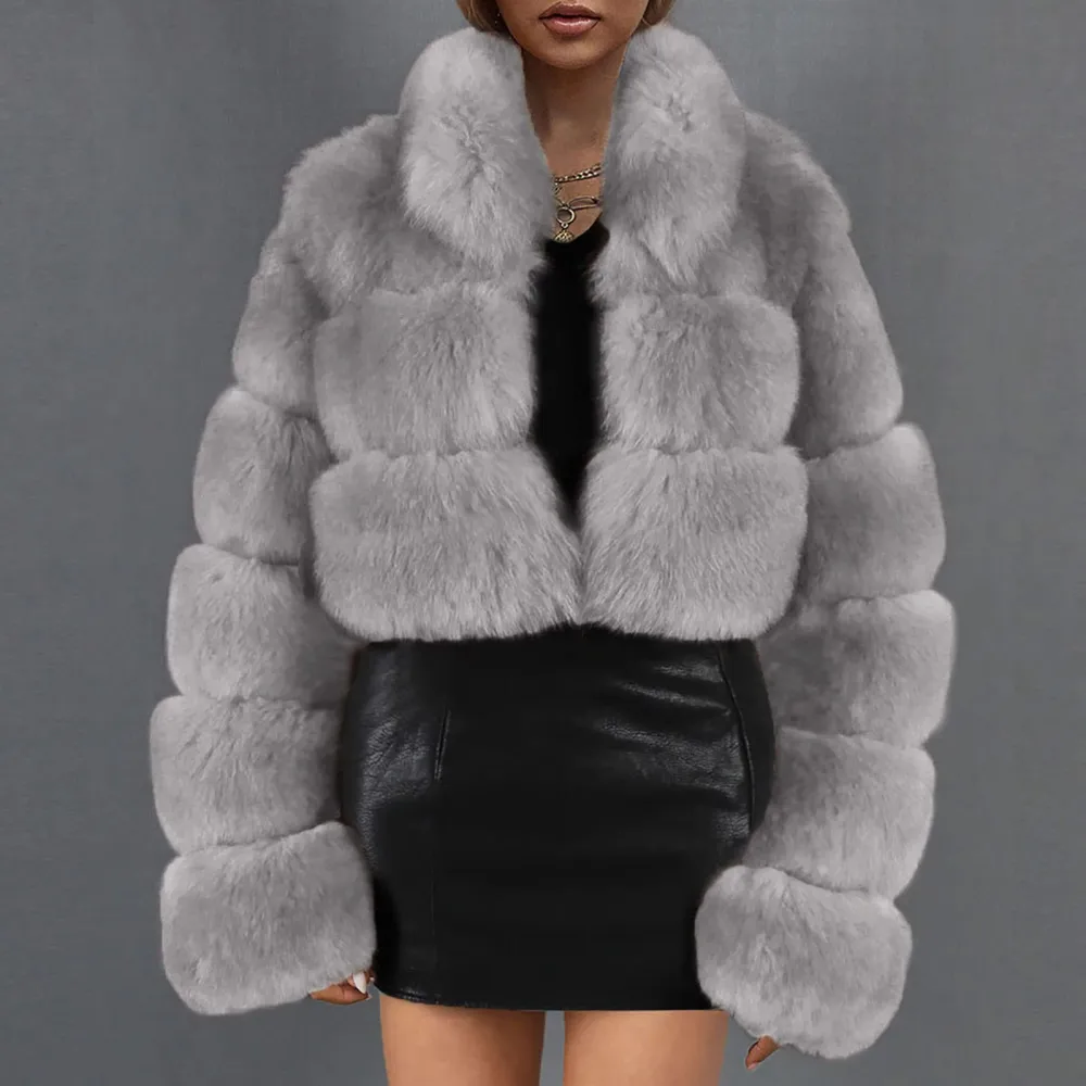 X1-Gray Faux Fur Coat Women with Hood Cropped Bubble Coats Fleece Short Warm Jackets Plus Size Winter Coats for Women