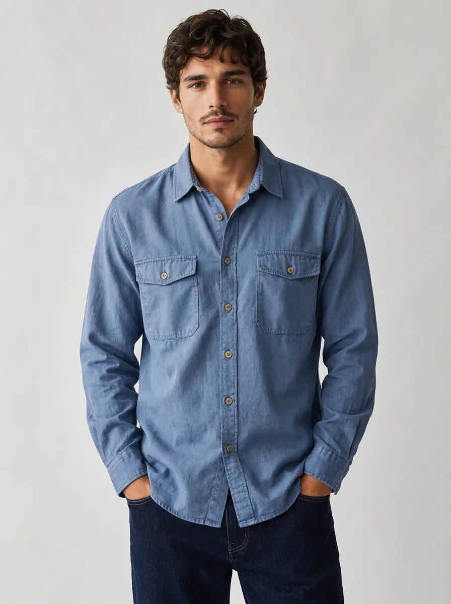 Men's Casual Breathable Blue Double Pocket Button Down Shirt