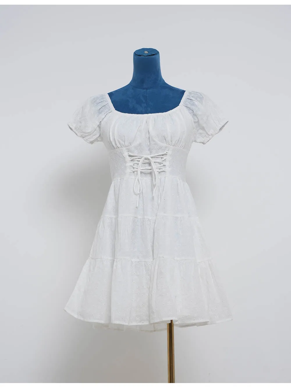 Romantic Eyelet Waist Puff Sleeves Mini Dress