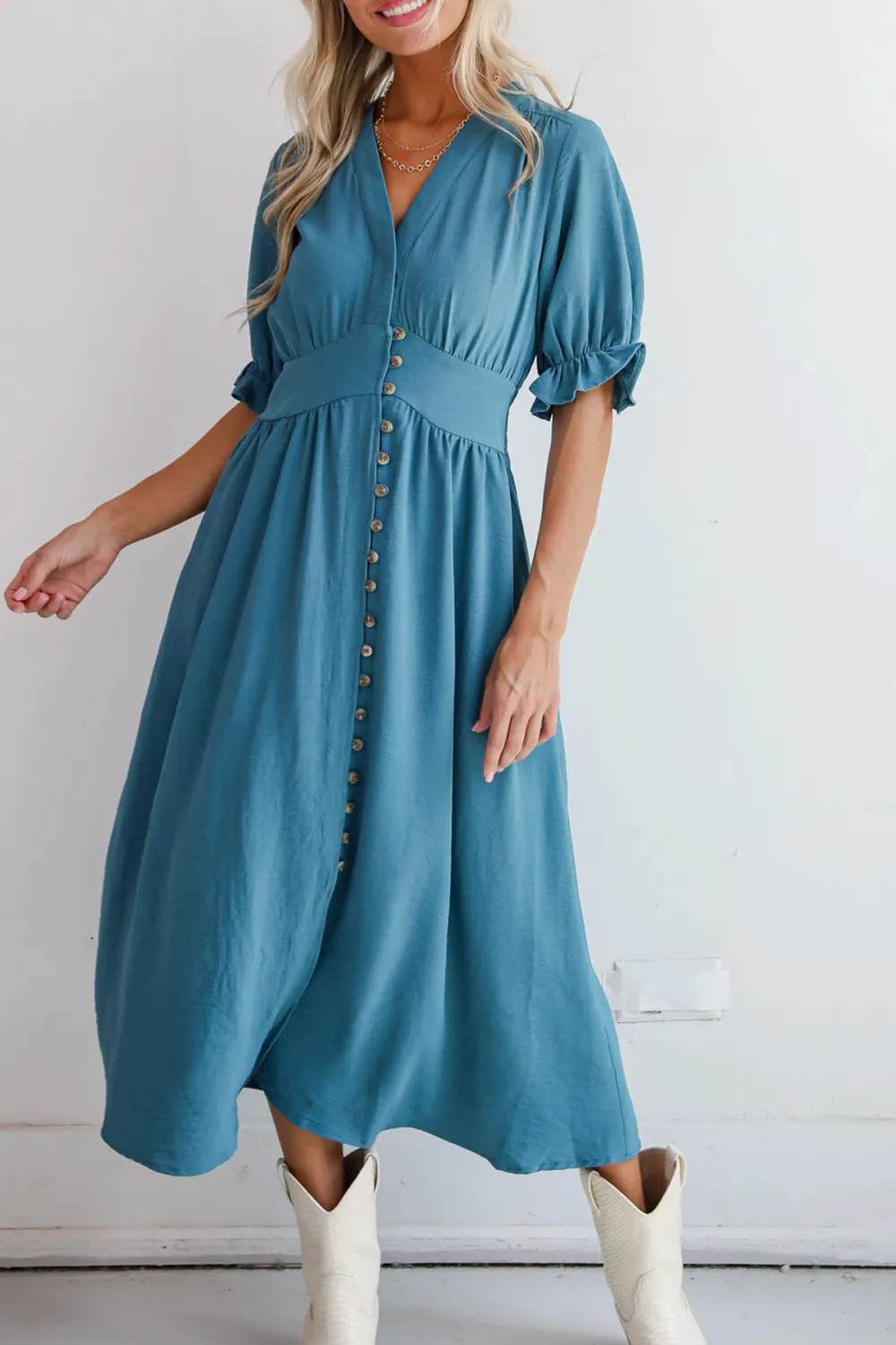 V-Neck Teal Midi Dress