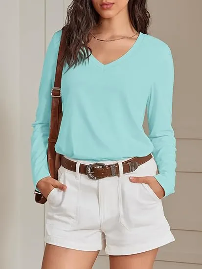 Women's V-Neck Long Sleeve Tee - Soft Curved Hem Top