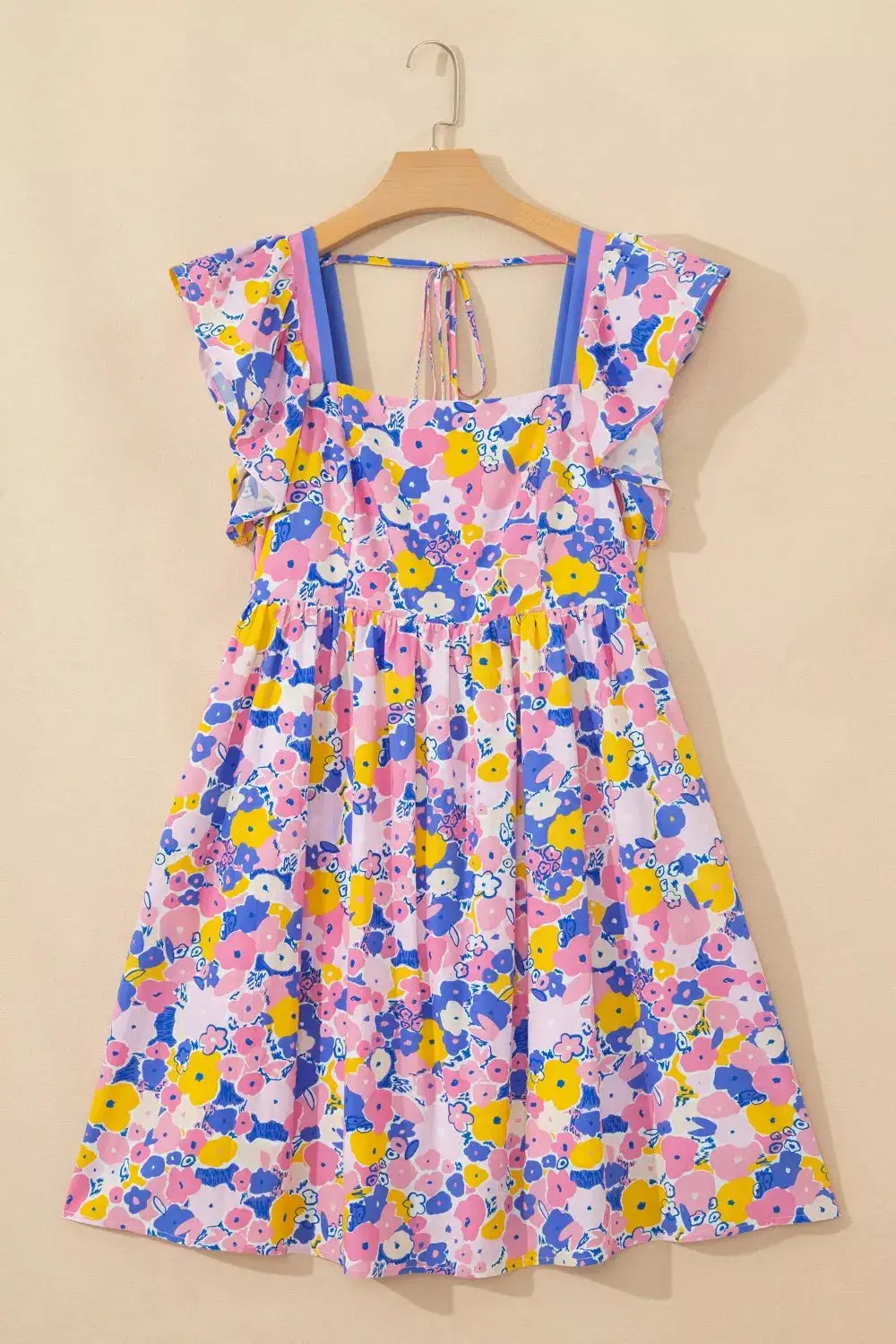 Gathered Detail Floral Striped Square Neck Mini Dress