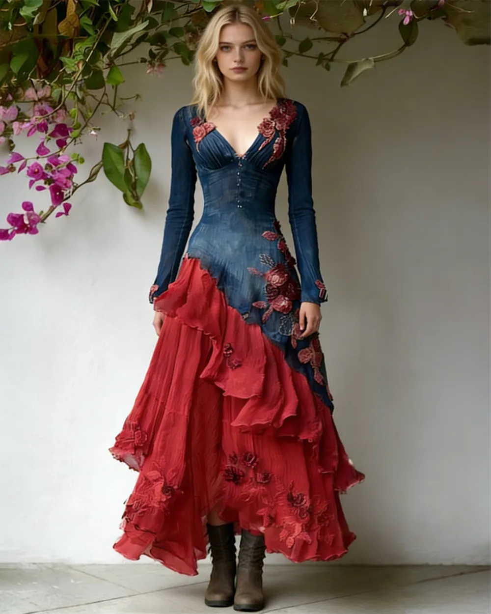 Women's Spring Elegant Flowers Irregular Ruffle Linen Dress