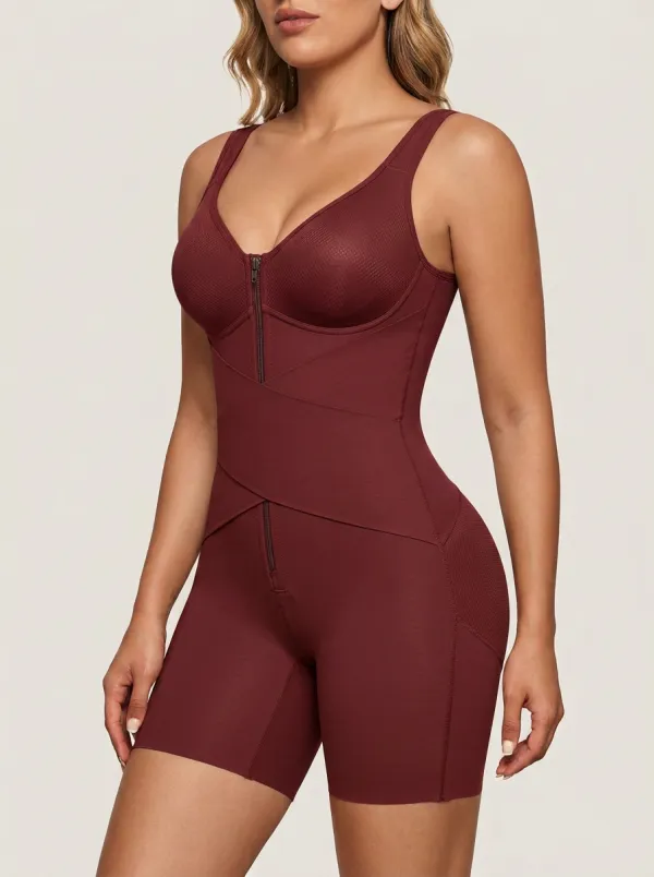 Women's Tummy Control Brown Zippered Cross-Strap Shapewear