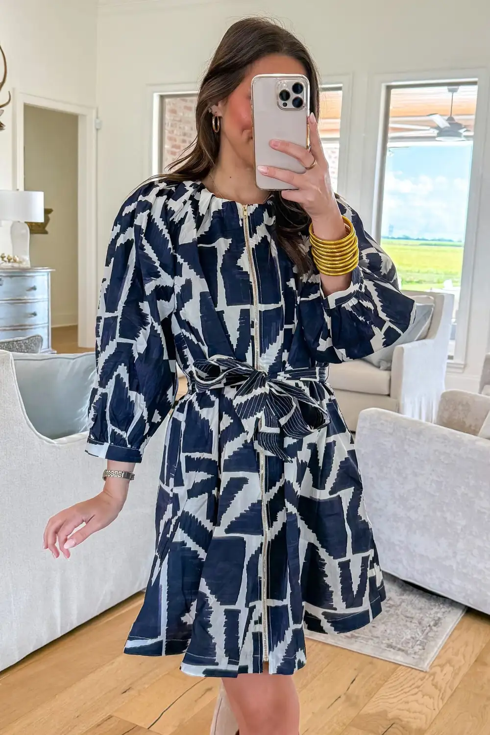 Belted Abstract Geometric Print Zip Front Tie Waist Shift Dress