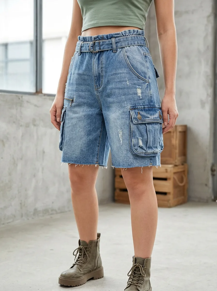 Women's Distressed Cargo Belted Denim Shorts