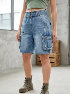 Women's Distressed Cargo Belted Denim Shorts