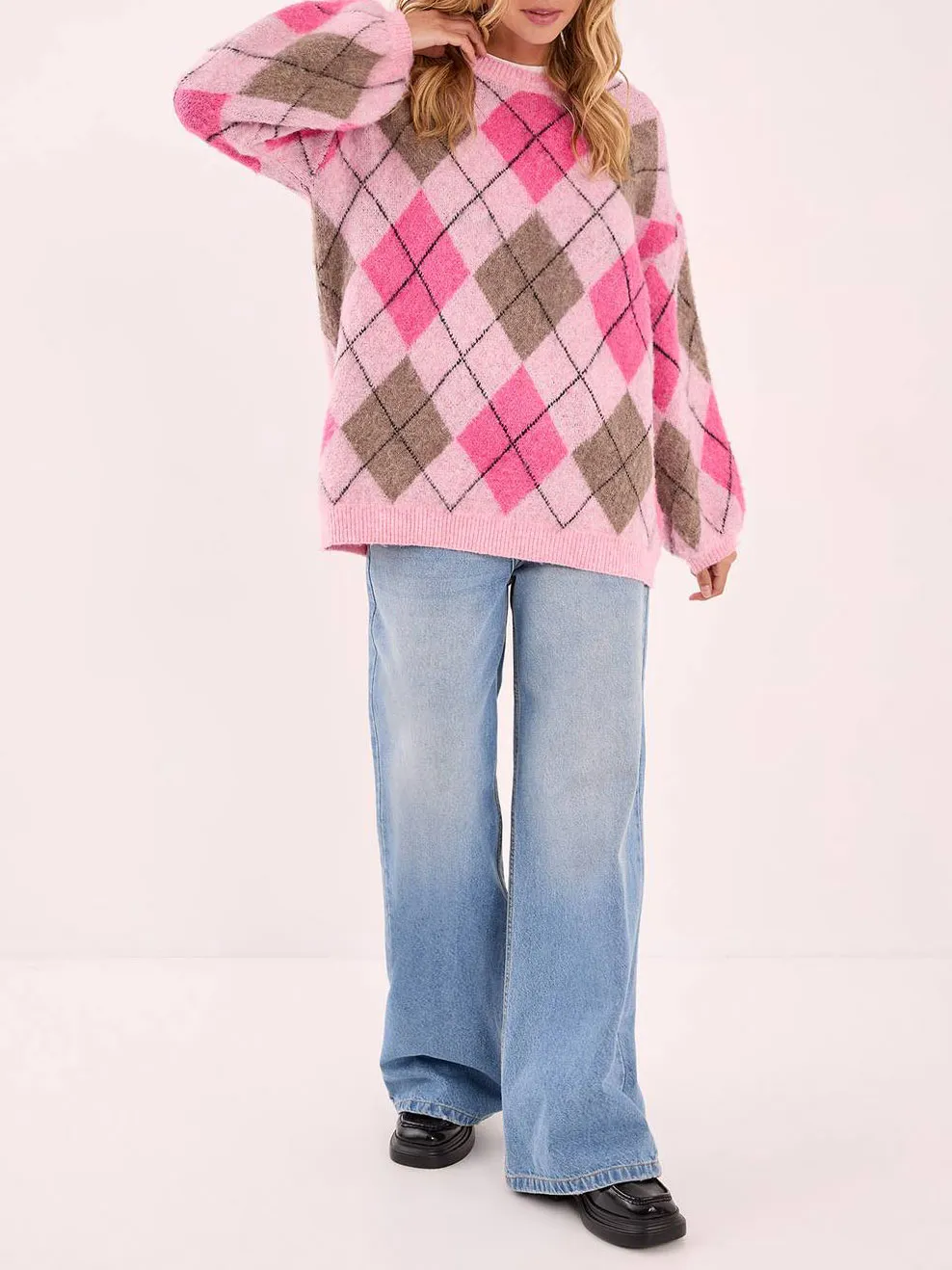 Women'S Sweet & Edgy Contrast Argyle Knit Sweater