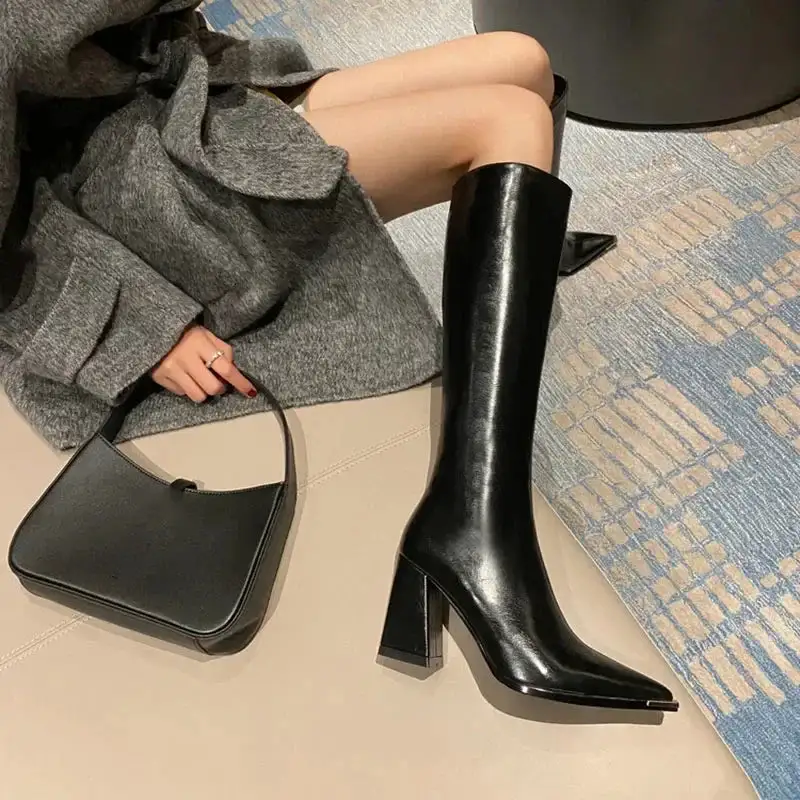 Pointed-Toe Square-Heel Knee-High Boots