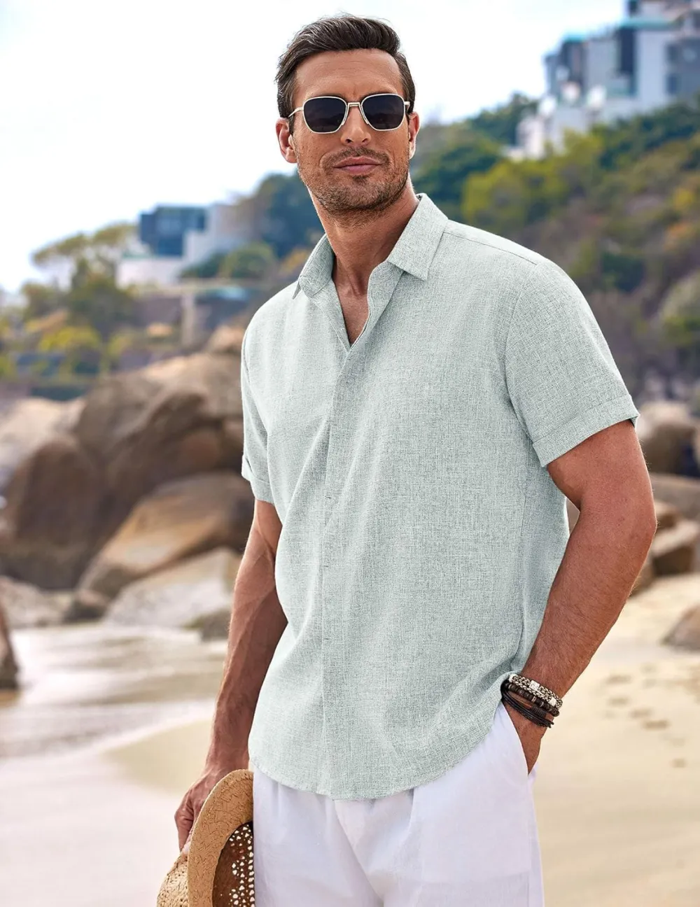 Men's Linen Shirts Short Sleeve Casual Shirts Button Down Shirt for Men Beach Summer Wedding Shirt