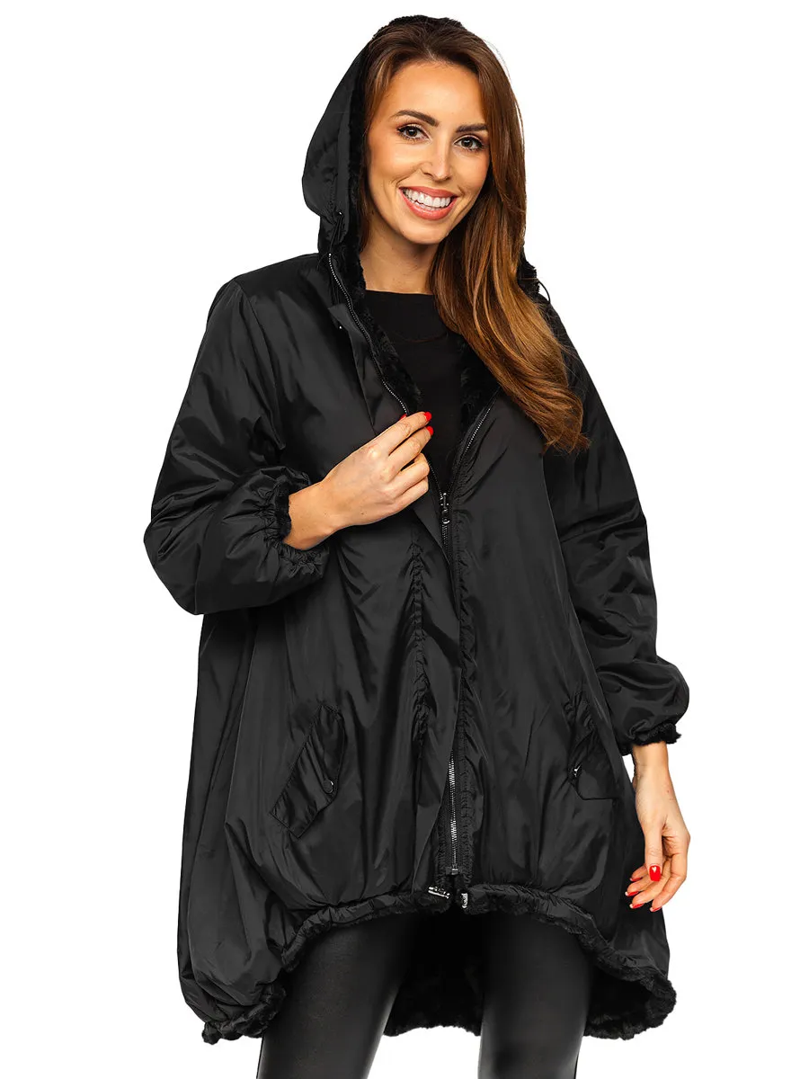 Black Women's Long Quilted Winter Jacket With Hood