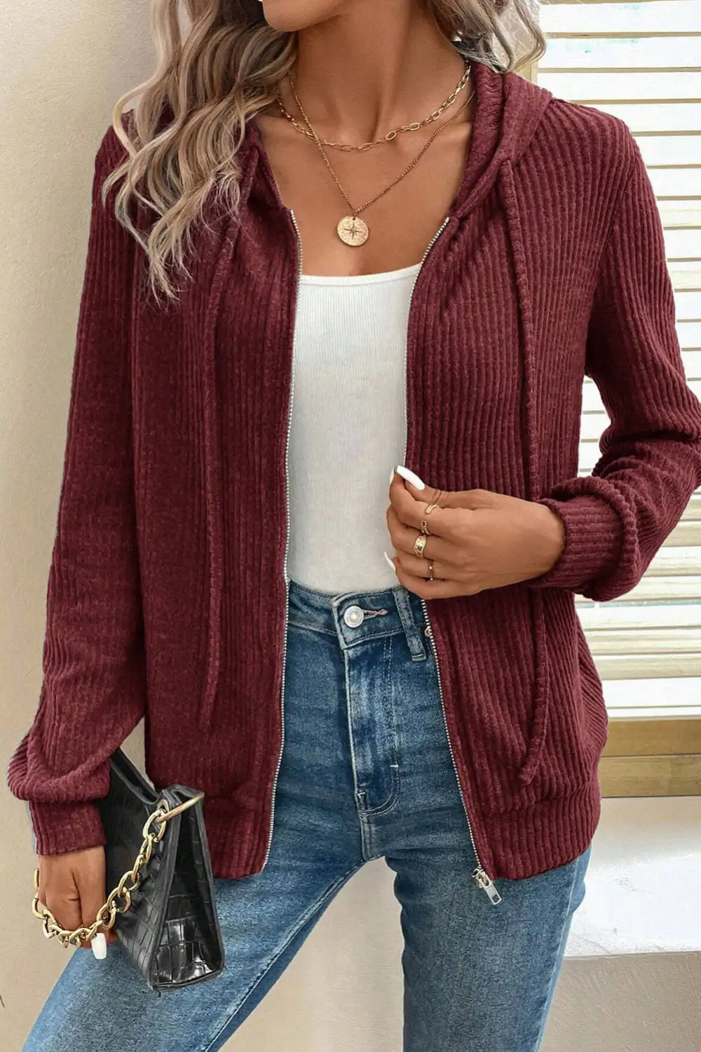 Everyday Ribbed Zip Detail Hoodie