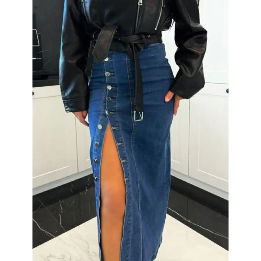 Front Button Slit Midi Denim Skirt