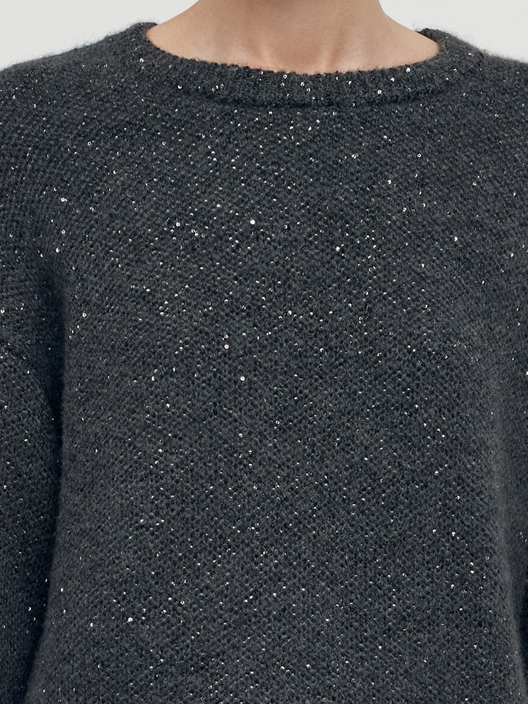 Charcoal Grey Wool Blend Sequins Women Sweater