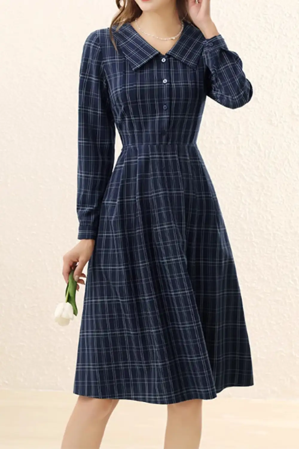 Plaid Polyester Lapel Collar Long Sleeve Midi Dress