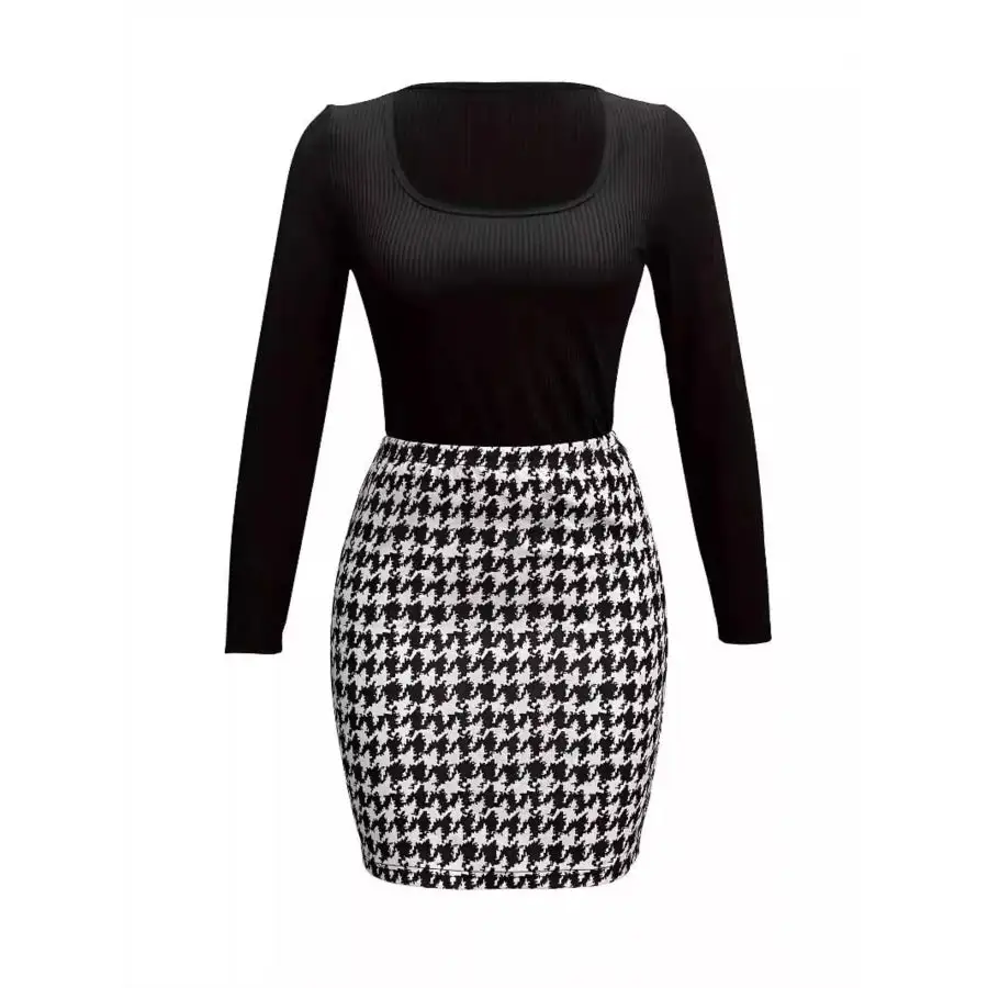 Long Sleeve Top and Houndstooth Skirt Set