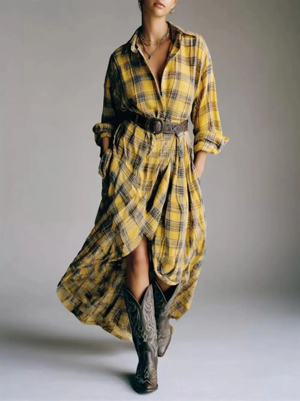 Plaid Long Sleeve Shirt Dress