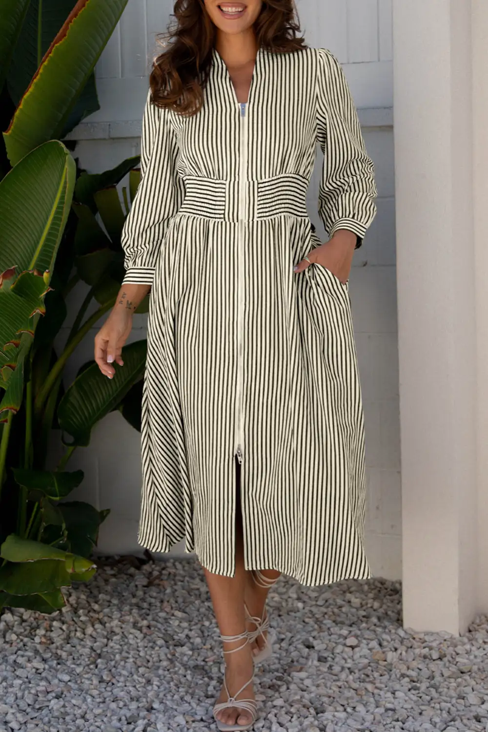 Balanced Detail Striped V Neck Zip Front Midi Dress