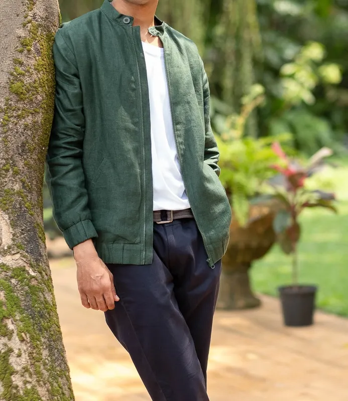 Forest Green Linen Bomber Jacket