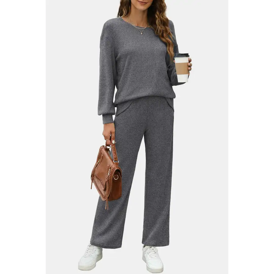 Relaxed Round Neck Long Sleeve Top and Pants Set